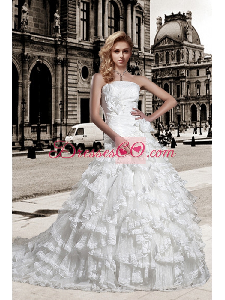 Elegant A Line Strapless Wedding Dress with Hand Made Flowers for