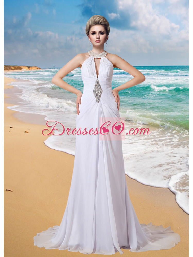 Elegant High Neck Beading Beach Wedding Dress with Court Train