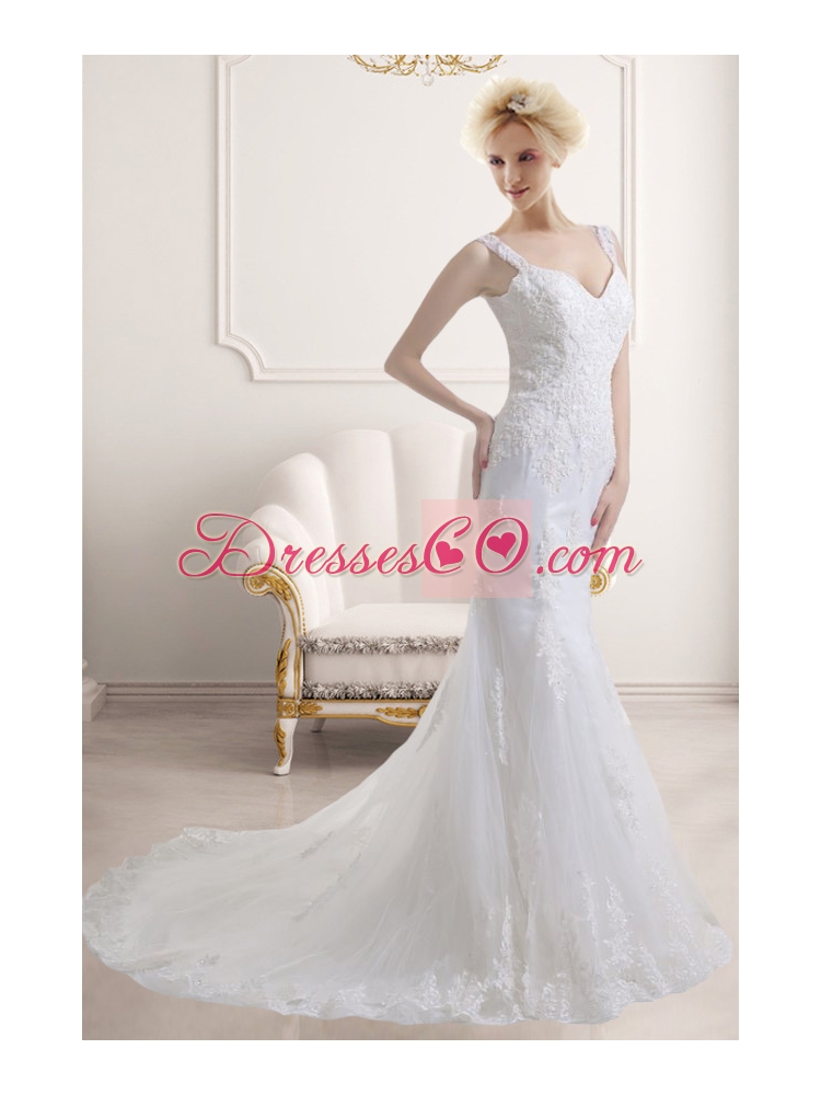 Elegant Mermaid Straps Zipper Up Wedding Dress with Lace Appliques