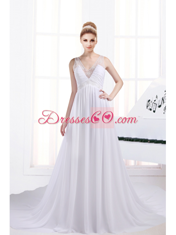 Fashionable A Line V Neck Ruching Wedding Dress with Chapel Train