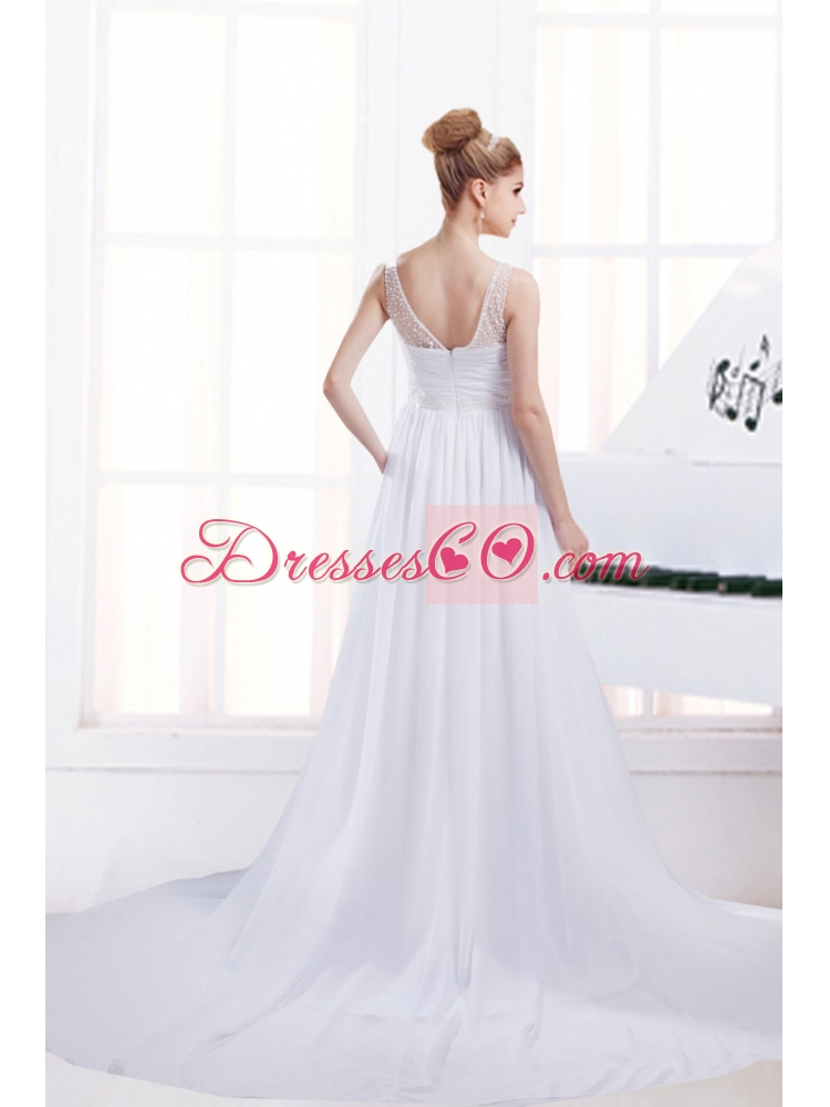 Fashionable A Line V Neck Ruching Wedding Dress with Chapel Train