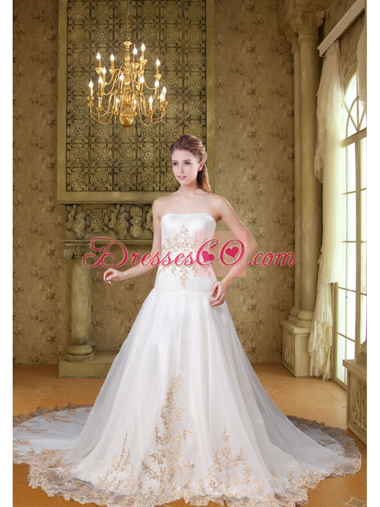 Affordable Strapless Chapel Train Embroidery Wedding Dresses