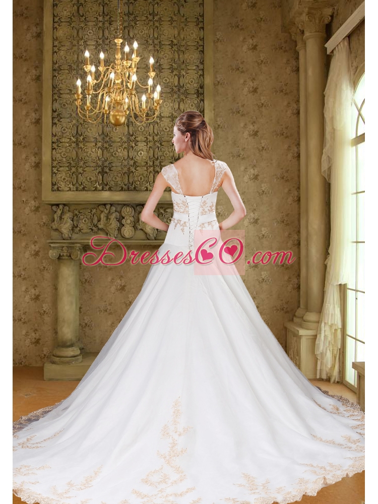 Affordable Strapless Chapel Train Embroidery Wedding Dresses