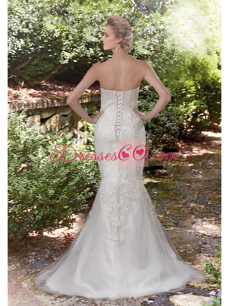 Beautiful Lace Strapless Wedding Dress with Brush Train