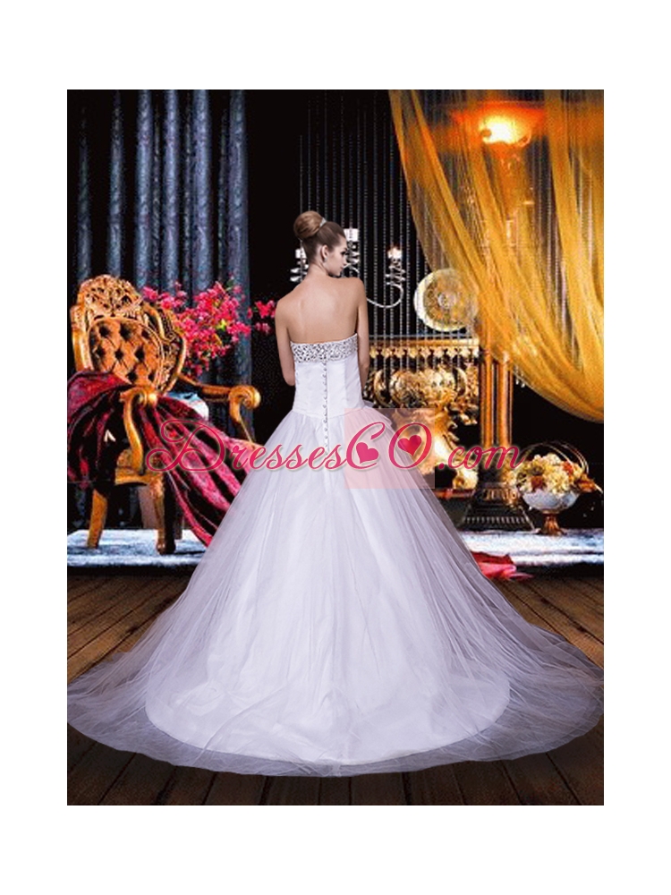 Cute A Line Strapless Chapel Train Beading Wedding Dress with Beading