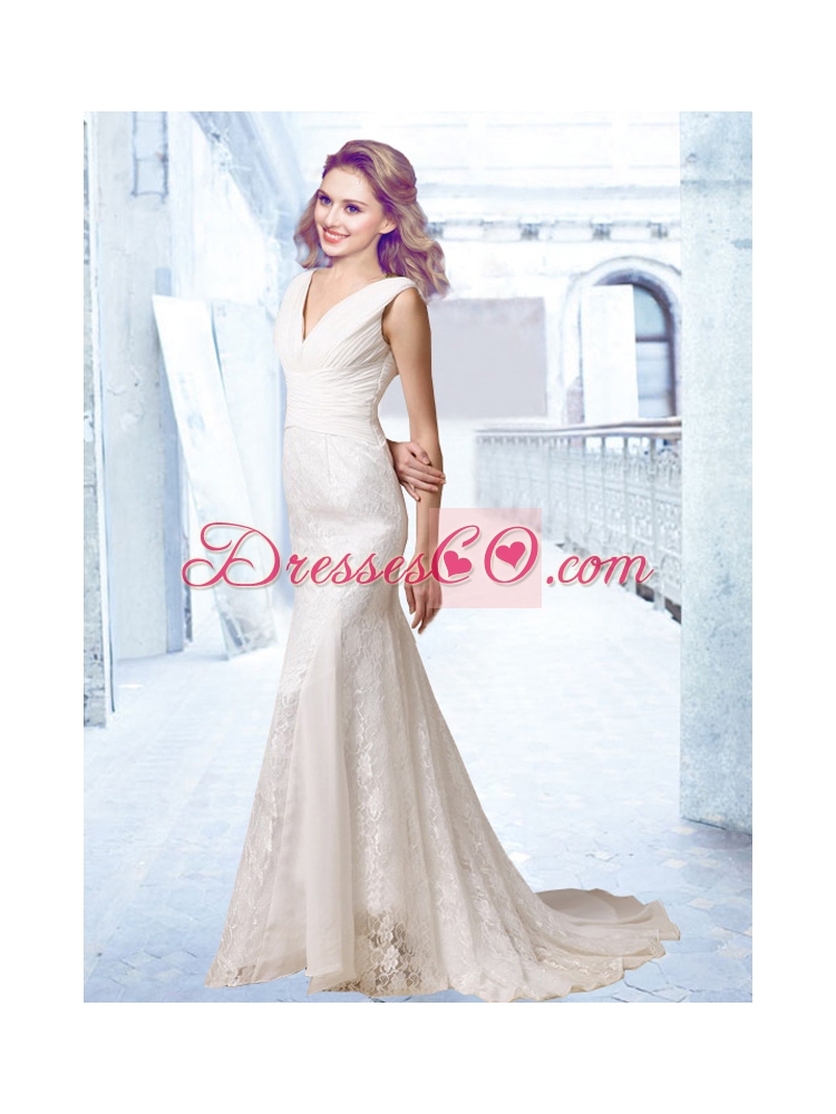 Hot Sale V Neck Ruching Wedding Dress with Lace