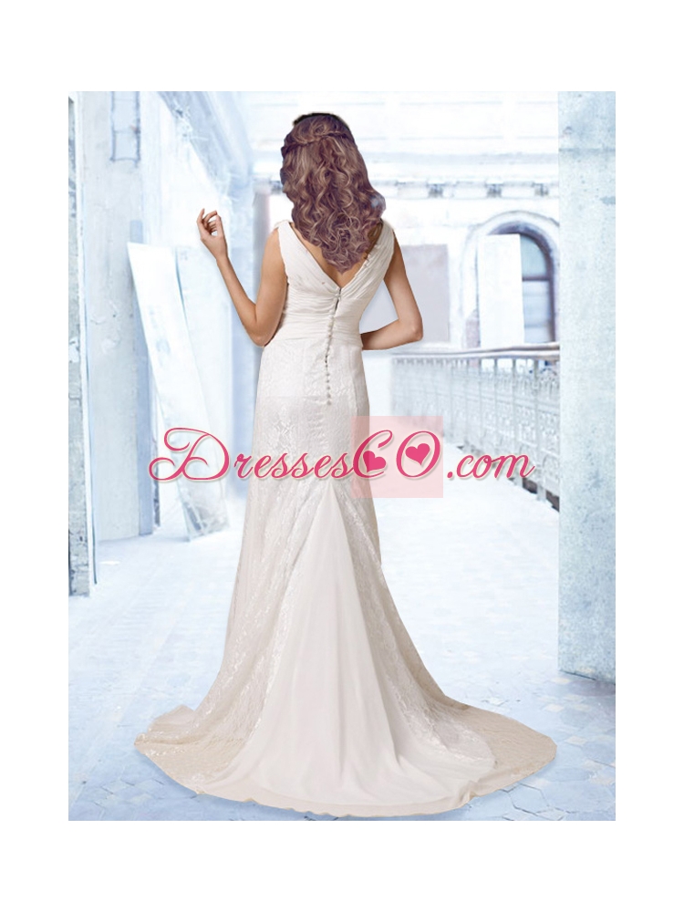 Hot Sale V Neck Ruching Wedding Dress with Lace