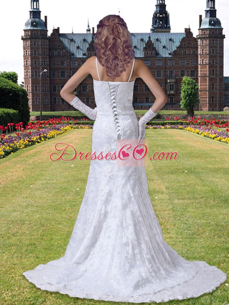 Lace Column Court Train Wedding Dress with Spaghetti Straps