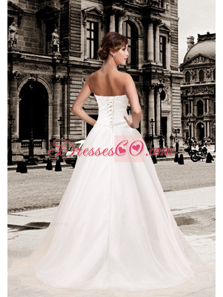 Romantic Brush Train White Wedding Dress with Beading