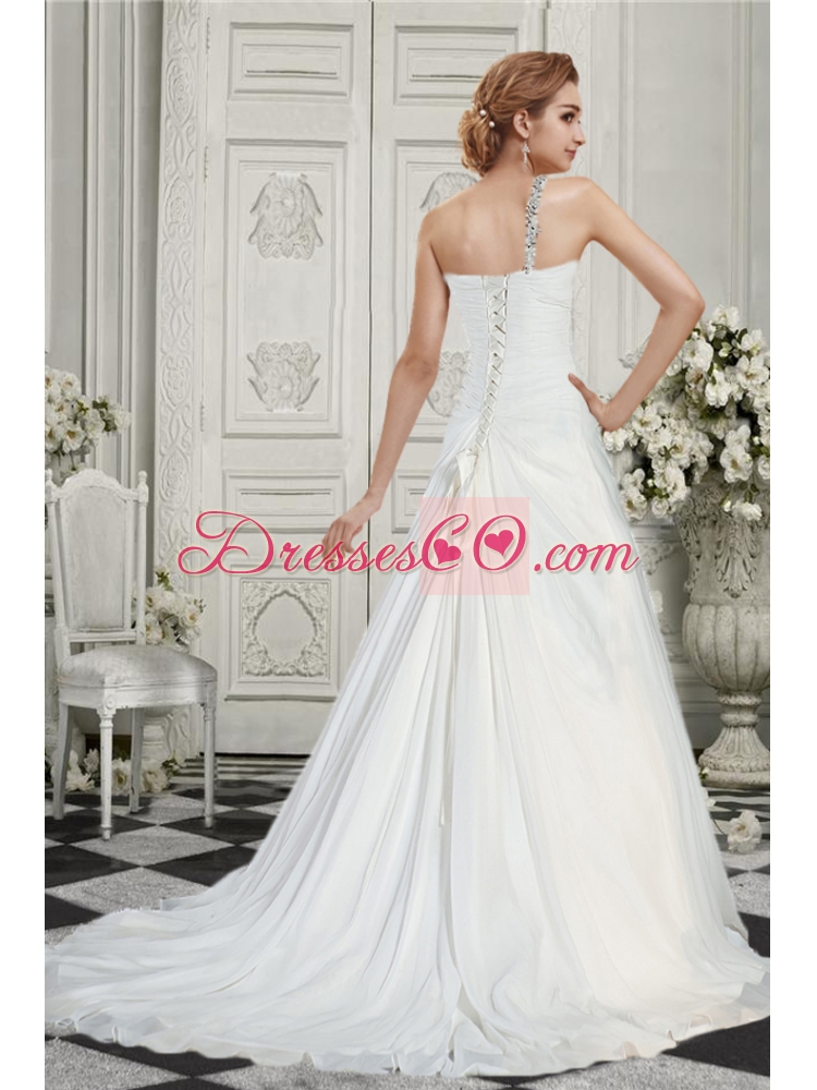 Simple A Line One Shoulder Court Train Wedding Dress  with Beading