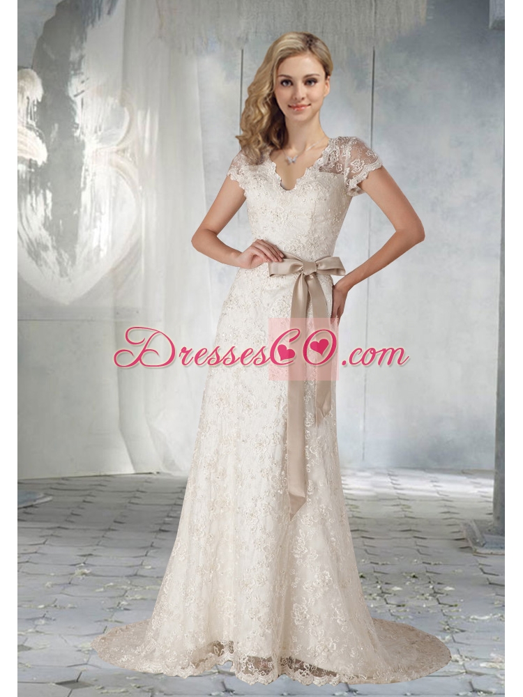 Pretty Short Sleeves Wedding Dress with Lace