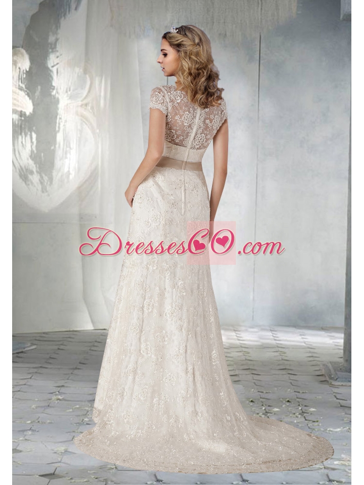 Pretty Short Sleeves Wedding Dress with Lace
