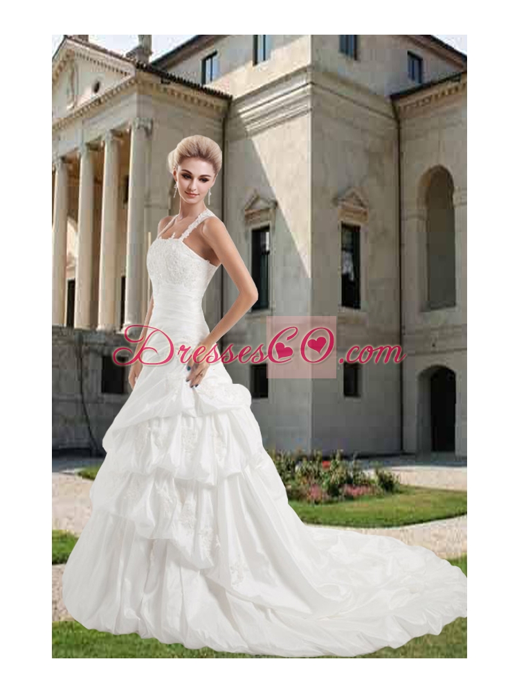 Beautiful Straps Court Train Appliques Wedding Dress with Criss Cross
