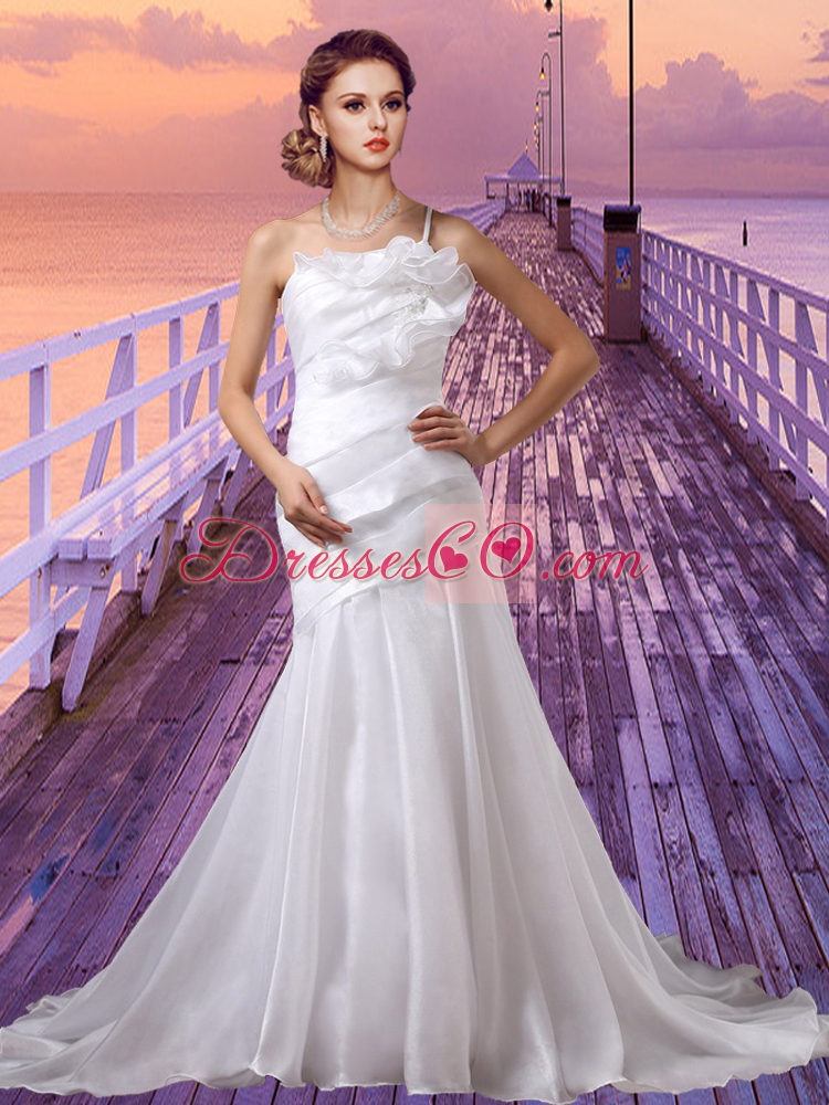 Cheap One Shoulder Lace Up Wedding Dress with Chapel Train