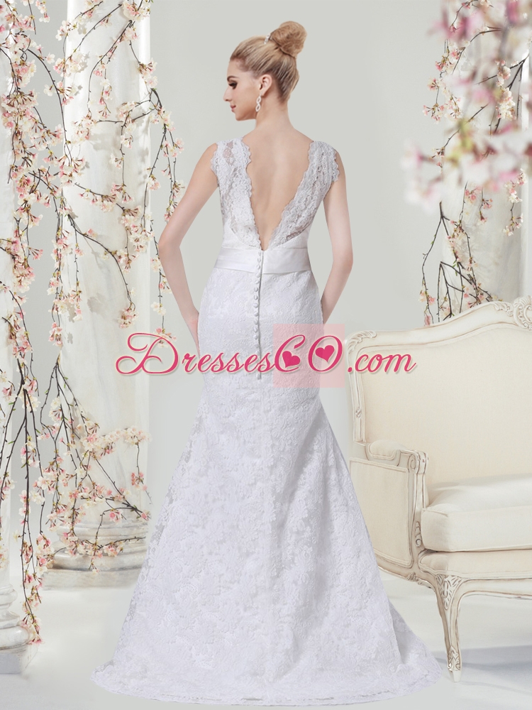 Elegant Mermaid Lace Brush Train Backless Wedding Dresses