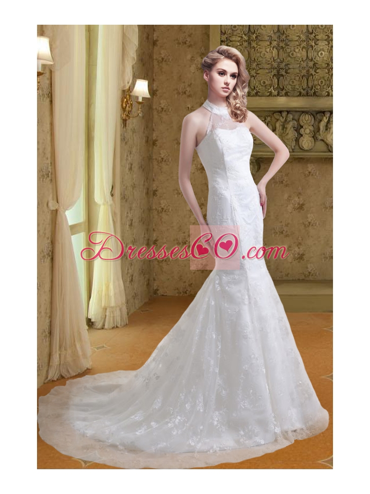 Fashionable Lace Mermaid Court Train Wedding Dress with Halter Top