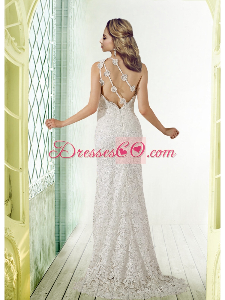 Lace One Shoulder Brush Train Column Wedding Dress for