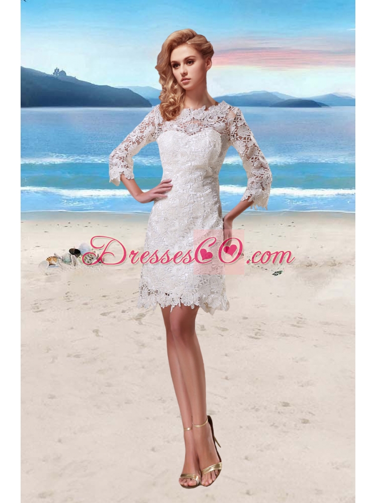Lace Scoop Short Beach Wedding Dress in White with 3/4 Sleeves