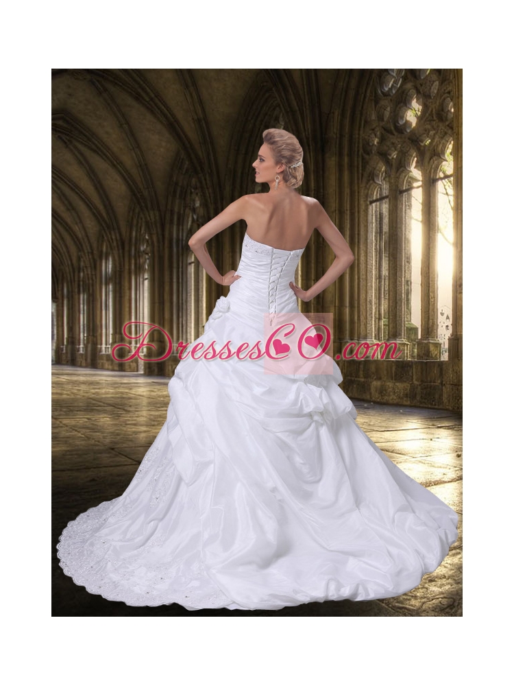 Princess Strapless Wedding Dress with Appliques and Hand Made Flowers