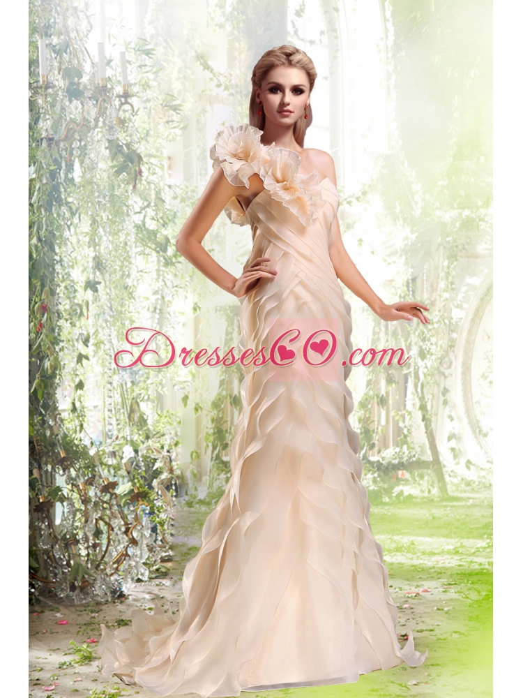 Column Ruffled Layers One Shoulder Brush Train Wedding Dress in Peach