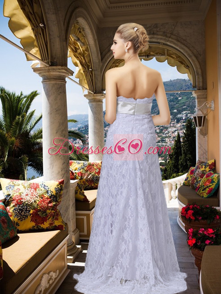 Luxurious Column Strapless Lace Wedding Dress with Sweep Train