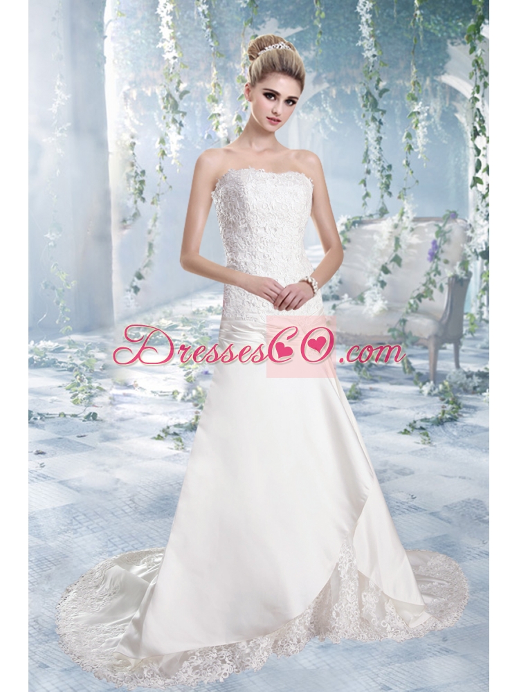 Elegant A Line Strapless Brush Train Lace Wedding Dresses