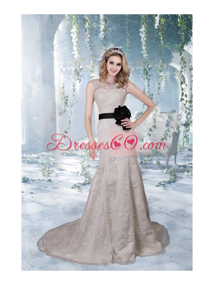 Beautiful Column Court Train Lace Wedding Dress with V Neck