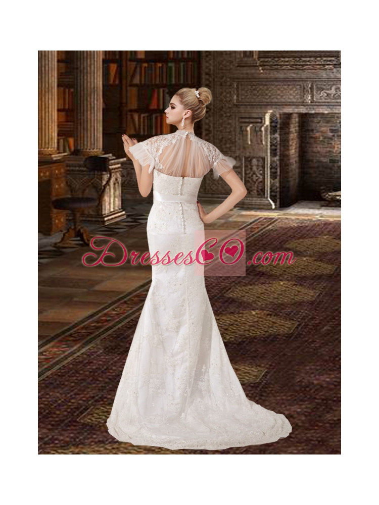 Fashionable Column Brush Train Lace Wedding Dress with High Neck