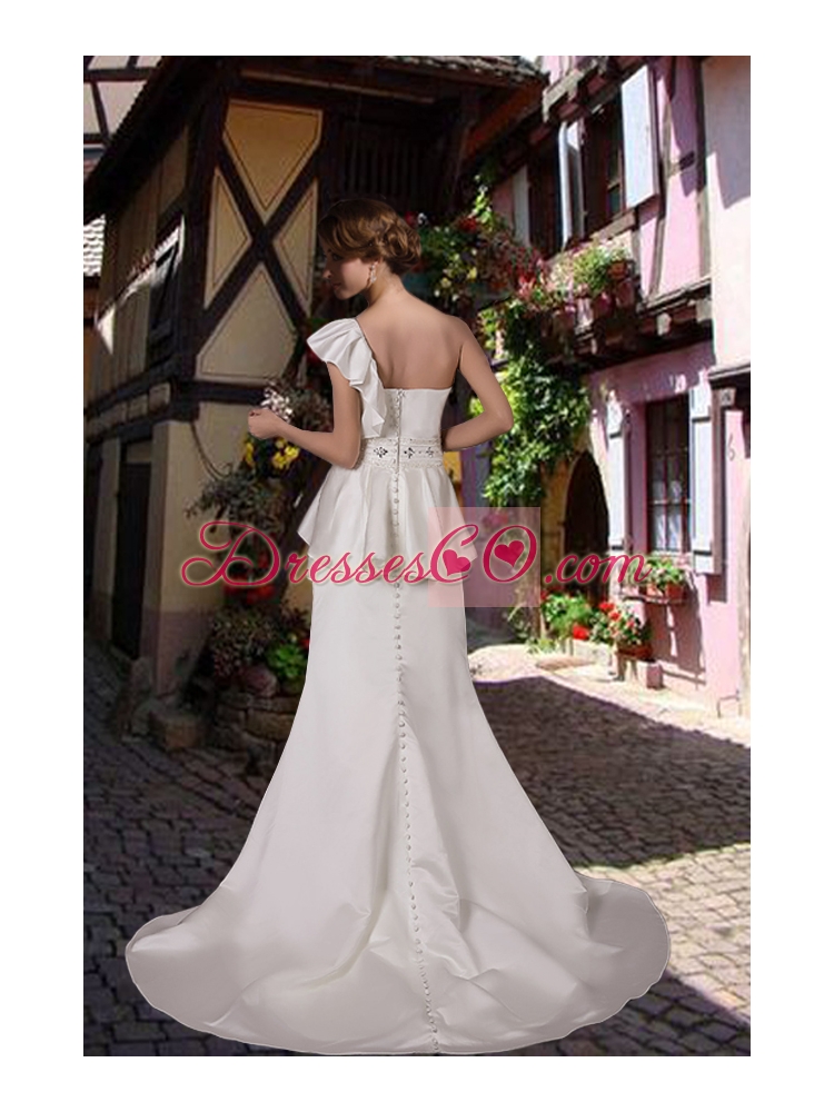 Inexpensive One Shoulder Beading Wedding Dress with Court Train