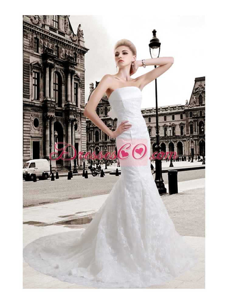 Lace Mermaid Strapless Court Train Wedding Dress with Zipper Up