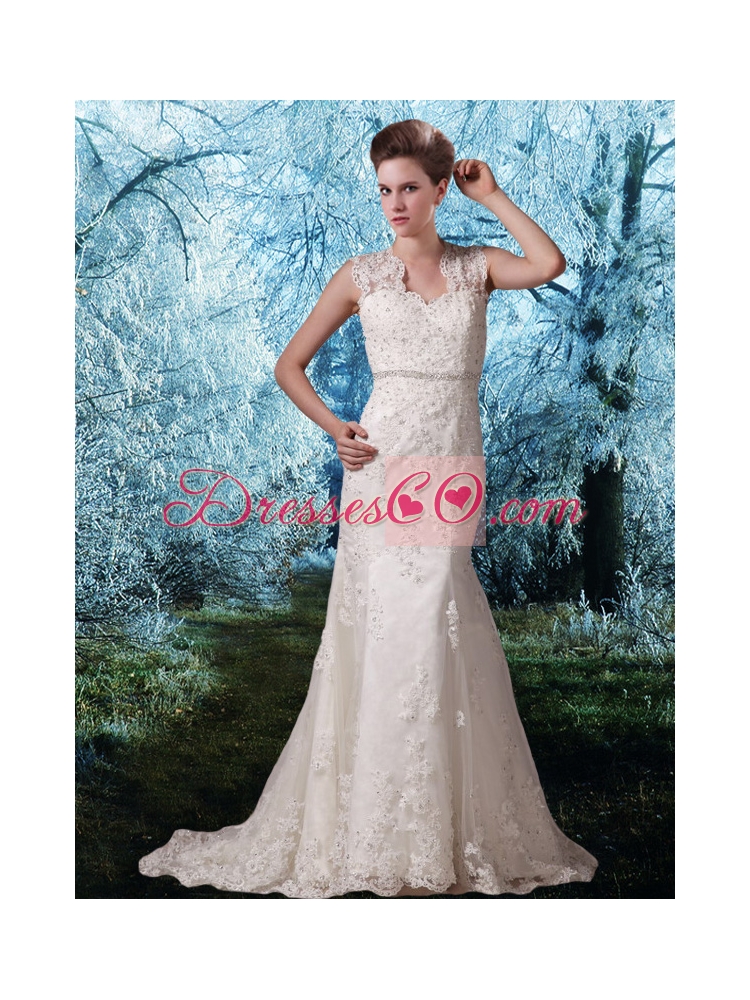 Lace Wide Straps Court Train Beading Open Back Wedding Dress