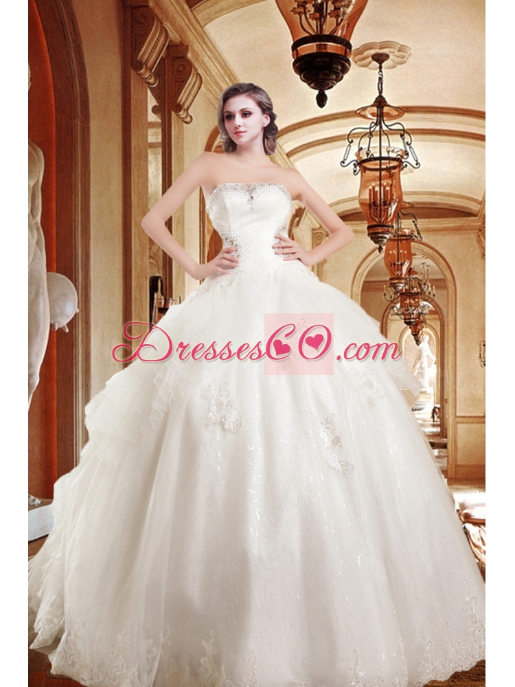 On Sale Appliques Strapless Chapel Train Wedding Dress with Beading