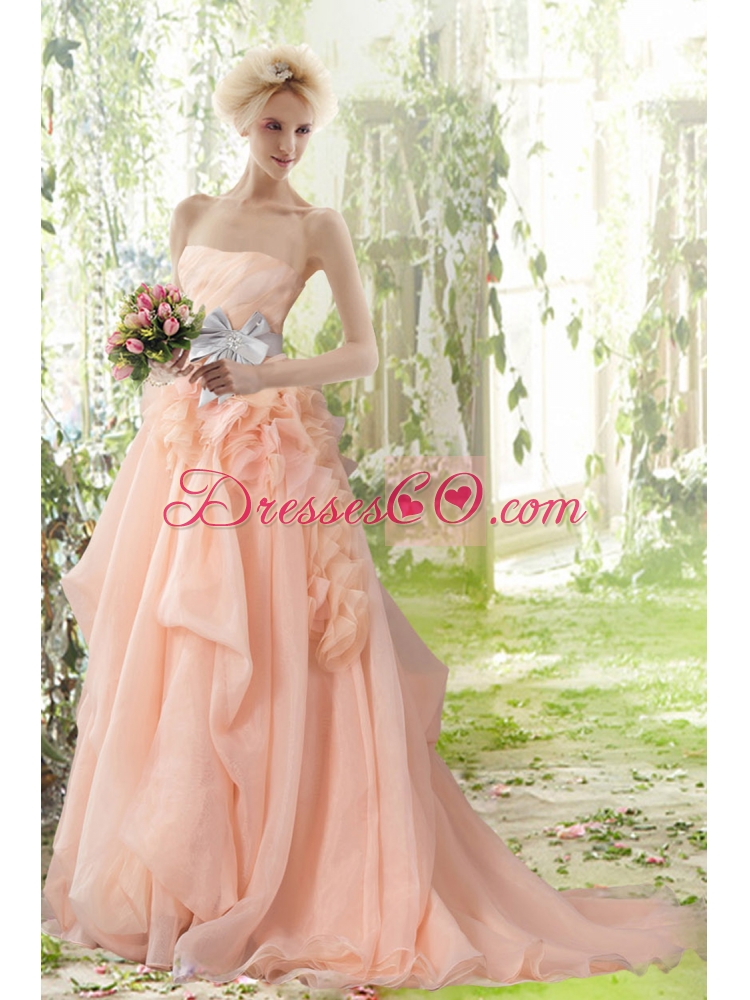 Peach Princess Court Train Strapless Ruffles Wedding Dresses