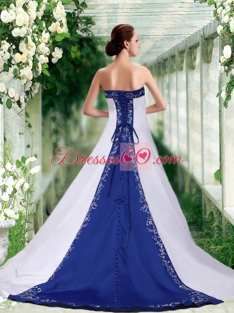 Sophisticated Strapless A Line Court Train Wedding Dress with Embroidery