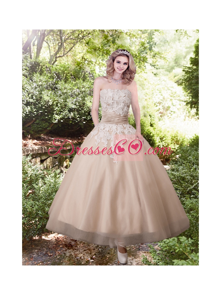 Sweet Strapless Ankle-length Wedding Dress with Appliques