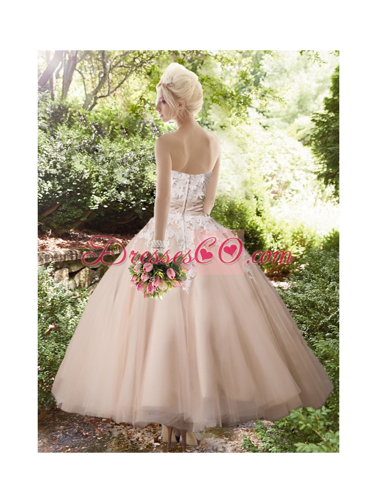 Sweet Strapless Ankle-length Wedding Dress with Appliques