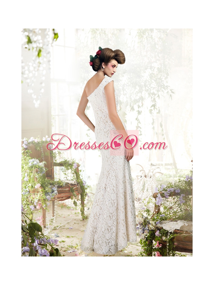 White Column One Shoulder Lace Beading Wedding Dress with Floor Length