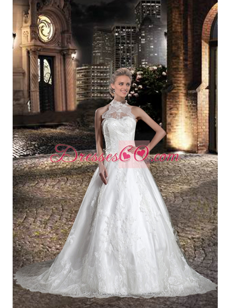 A Line Halter Lace Beading Wedding Dress with Chapel Train
