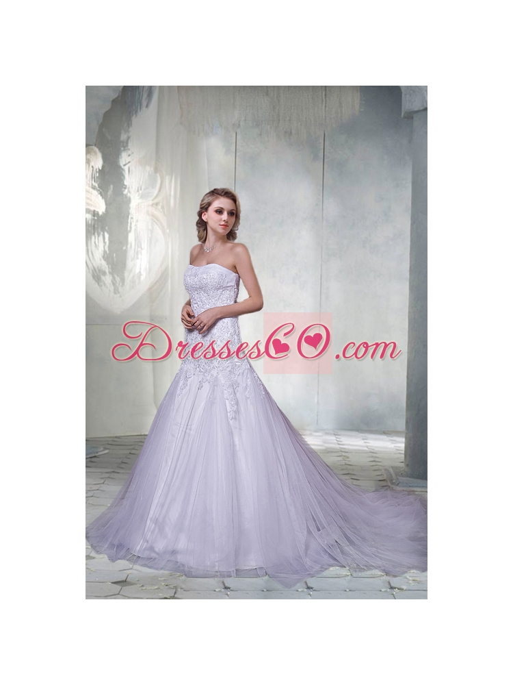 Beautiful A Line Court Train Appliques Wedding Dress with Strapless