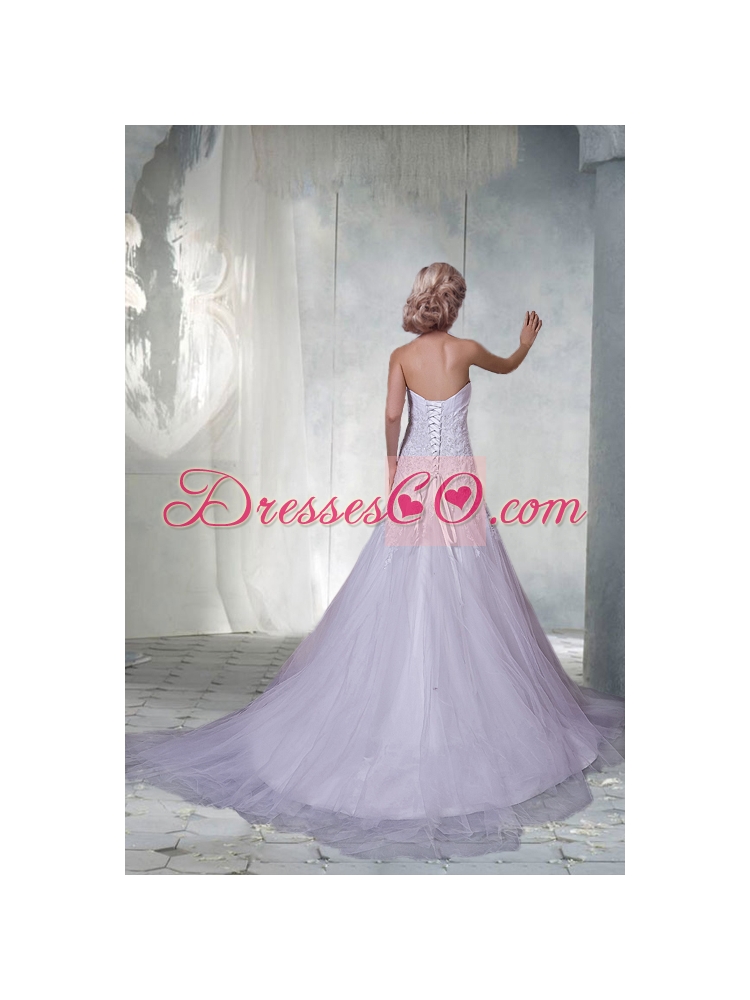Beautiful A Line Court Train Appliques Wedding Dress with Strapless