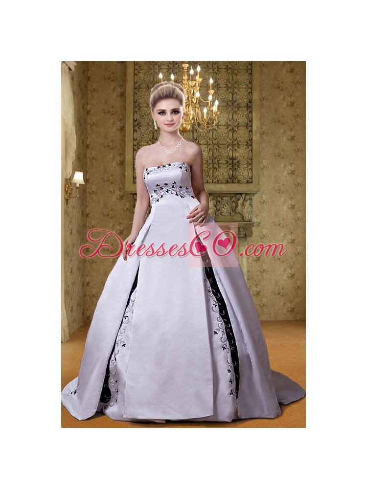 Chapel Train Ball Gown Strapless Wedding Dress with Embroidery