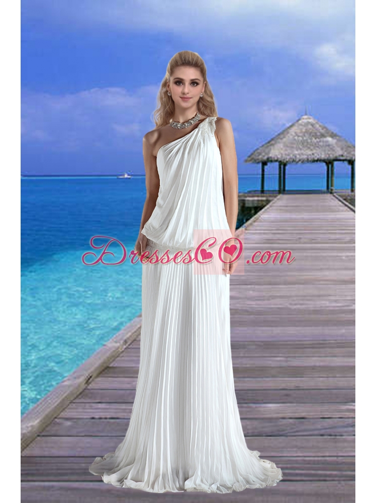 Cheap One Shoulder Pleat Wedding Dress with Court Train for Beach