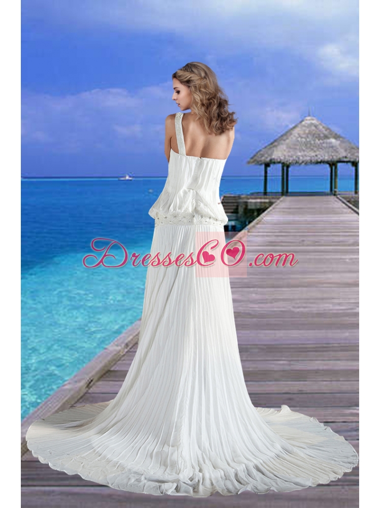 Cheap One Shoulder Pleat Wedding Dress with Court Train for Beach