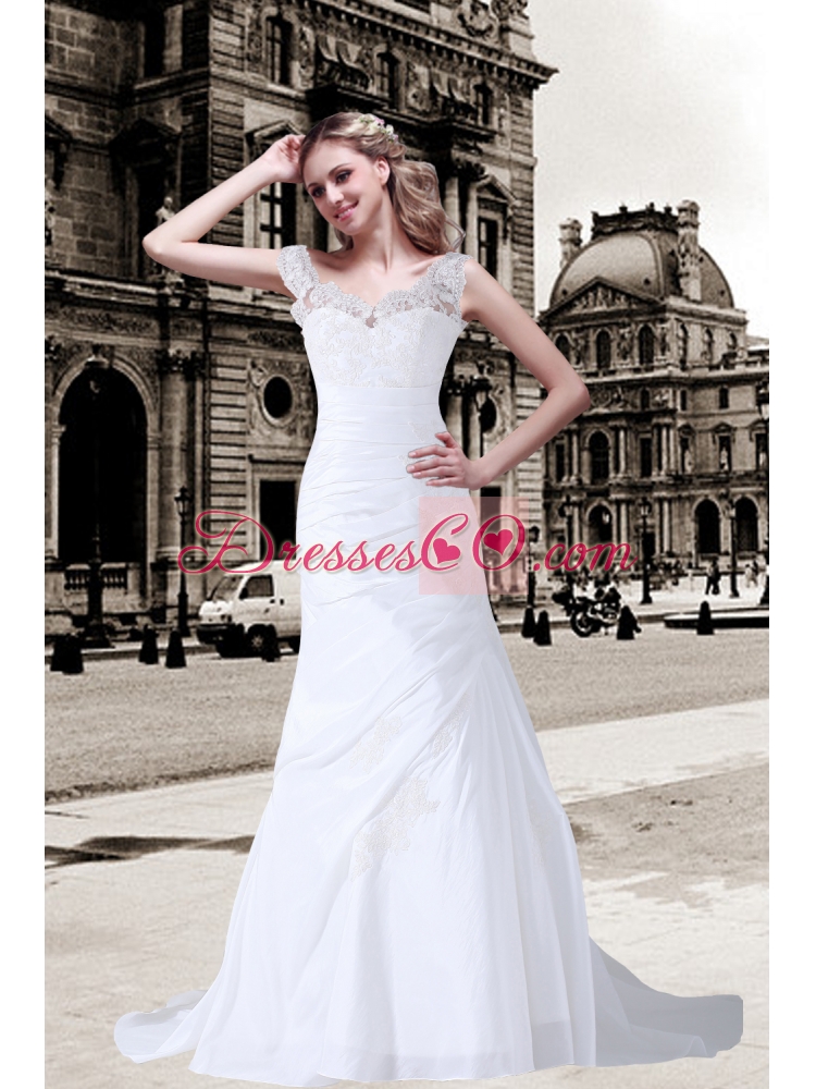 Column V Neck Appliques Lace Wedding Dress with Brush Train