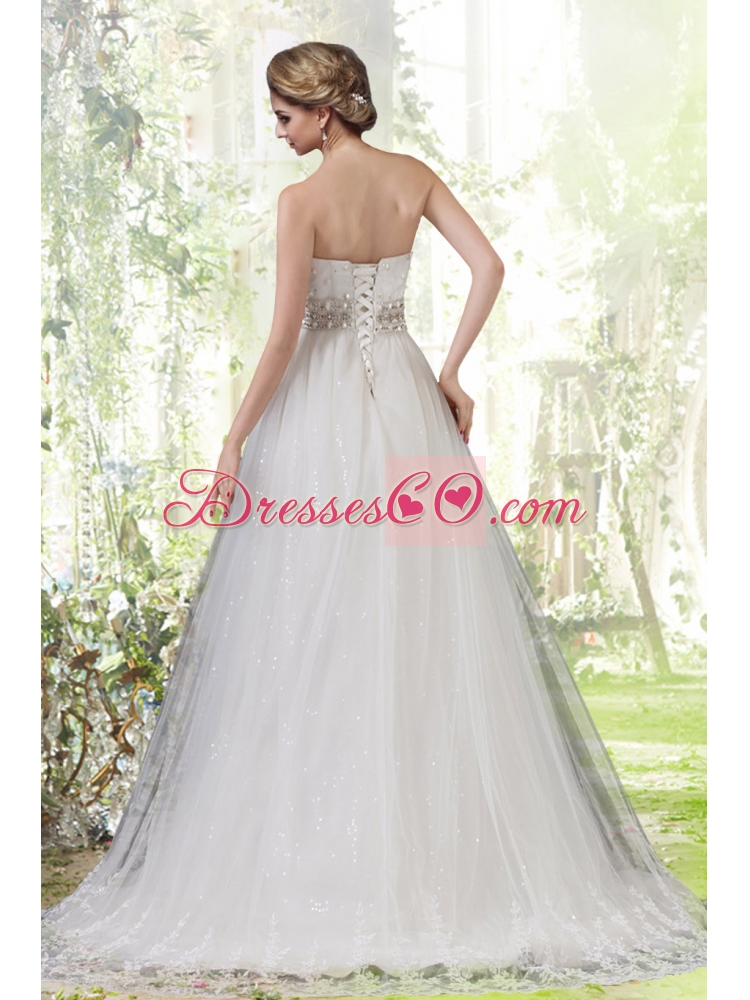 Elegant Lace Strapless Brush Train Wedding Dress with Beading