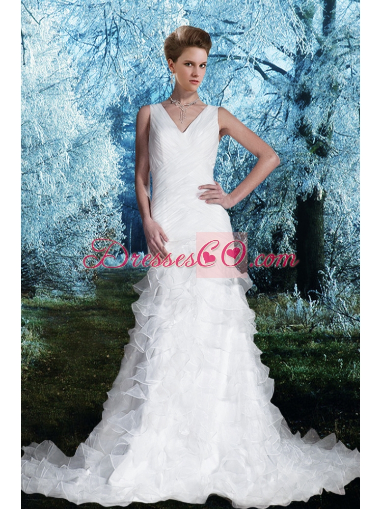 Gorgeous Column V Neck Court Train Wedding Dress with Ruching