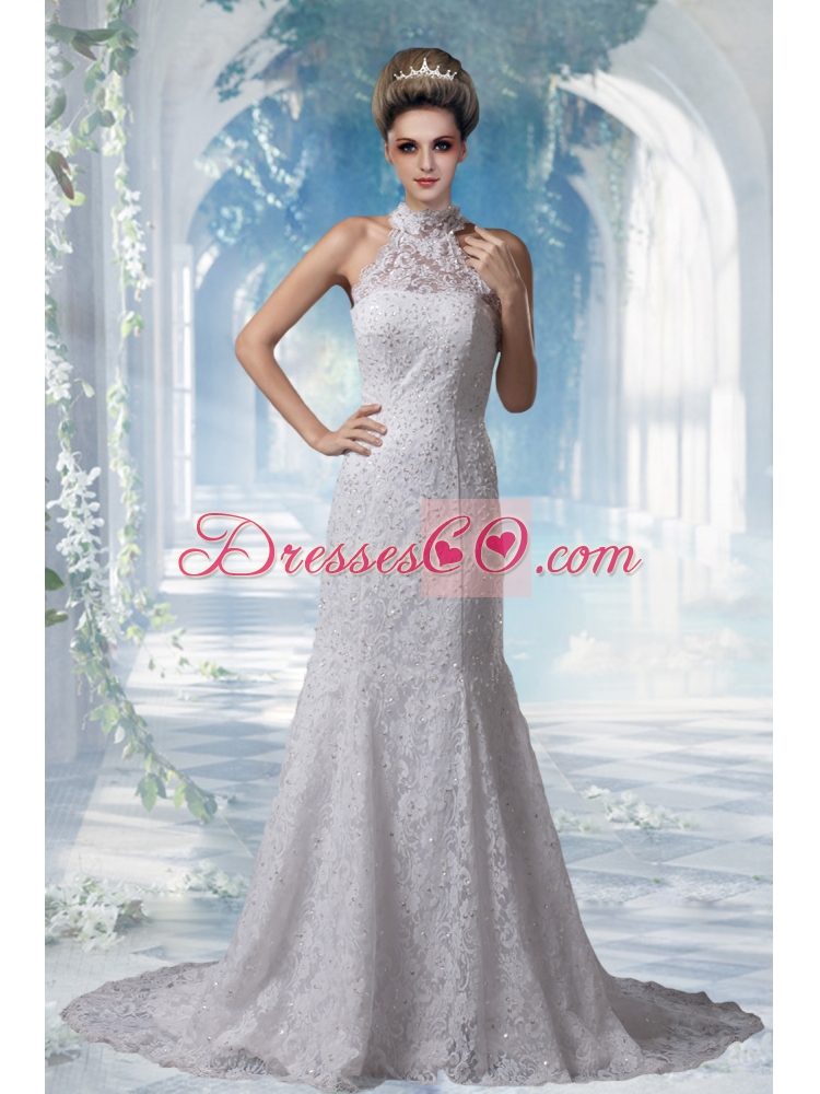 Gorgeous Mermaid Halter Top Lace Court Train Wedding Dress