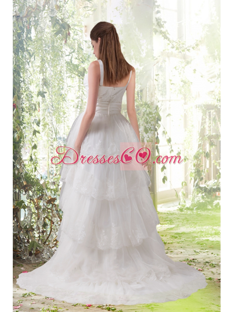 Lace Column Scoop Ruffled Layers Wedding Dress with Brush Train