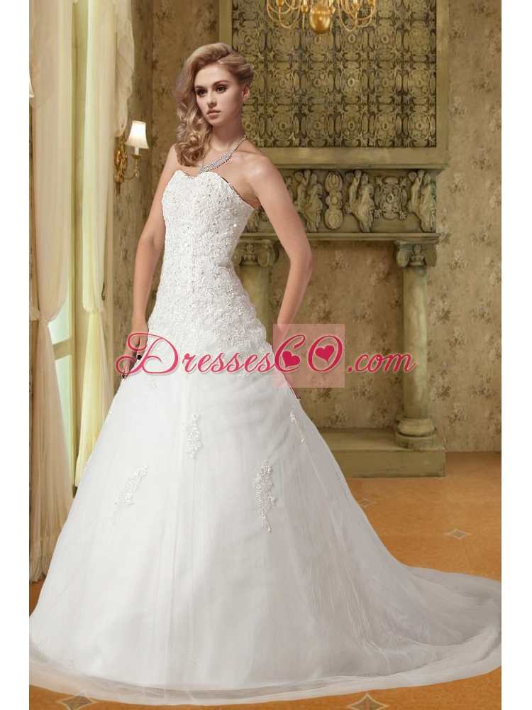 Popular A Line Court Train Wedding Dress with Appliques