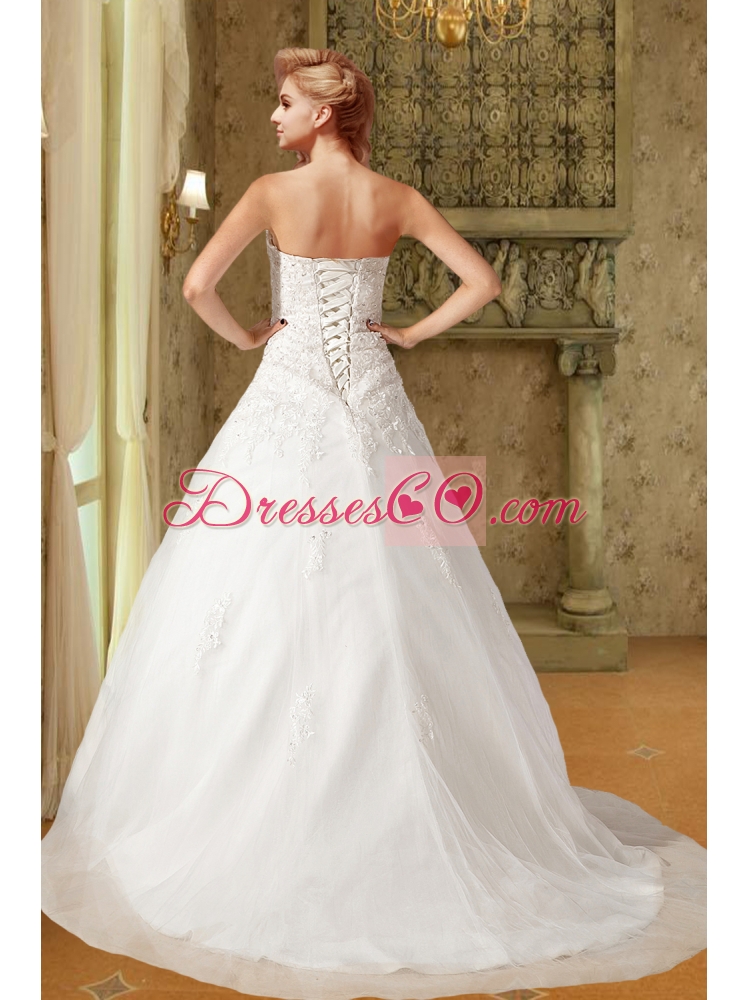 Popular A Line Court Train Wedding Dress with Appliques